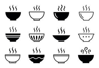 Fototapeta premium Hot soup bowl icons set featuring various black and white vector designs of steaming bowls for restaurant menus, food apps, and culinary branding