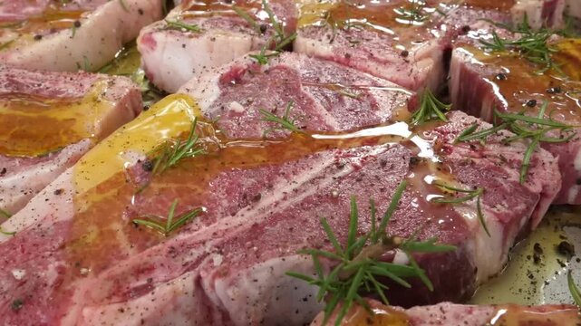 High-angle, close-up shot of several fresh raw T-bone beef steaks being prepared for a grill. The meat is seasoned with black pepper, fresh rosemary sprigs, and a generous drizzle of olive oil, highli