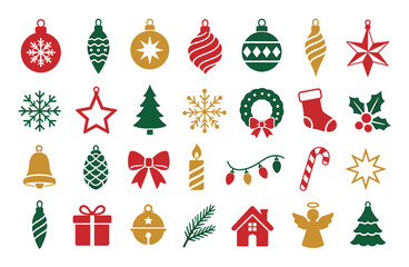 Fototapeta premium Christmas flat icon set with holiday elements including ornaments, snowflakes, trees, wreaths, stockings, bells, and candles in red, green, and gold colors