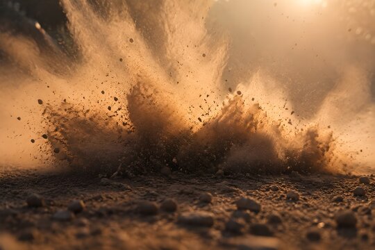 Dust cloud settling after heavy object falls onto dirt pure visual ground-level back-lit abstract scene