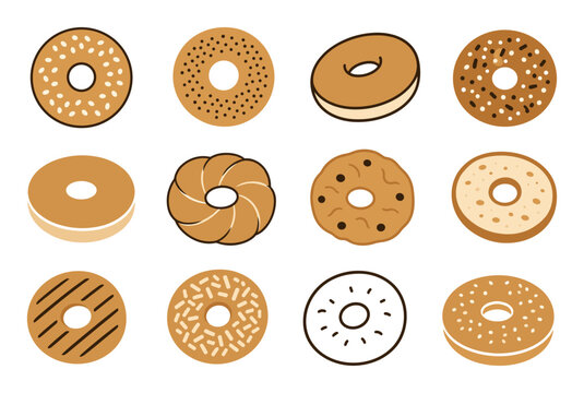 Assorted bagels and donuts vector illustration set featuring various toppings like sesame seeds, poppy seeds, sprinkles, and chocolate glaze