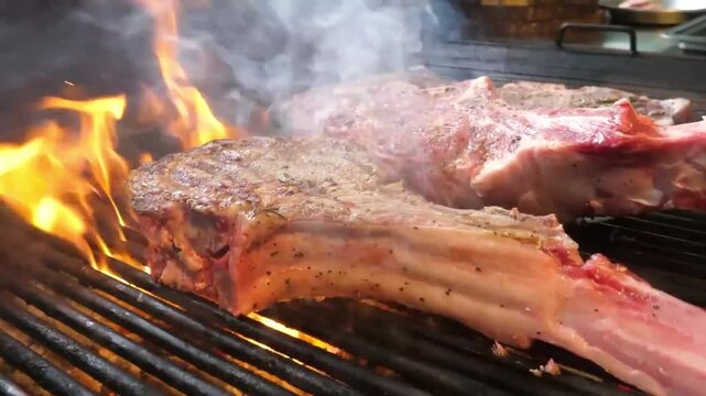 Perfectly grilled tomahawk ribeye steak with a beautifully charred crust and long exposed rib bone resting on metal grill grates, showcasing expert BBQ and grilling techniques over an open fire with f