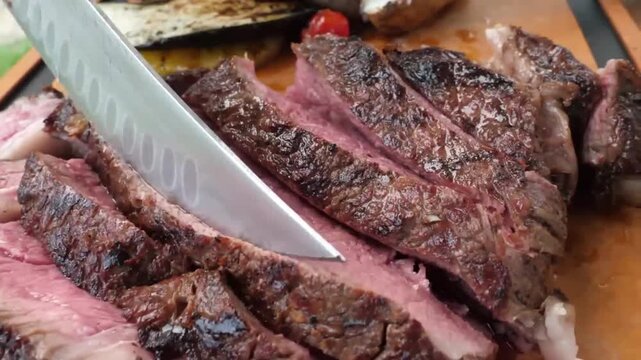 Close-up footage of a sharp knife slicing through a perfectly seared, juicy medium-rare grilled Tomahawk ribeye steak. The steak is served on a rustic wooden cutting board with a charred crust and ten