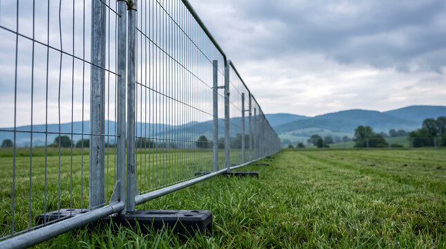Temporary metal fencing panels stretching across green meadow on overcast day, with mountains in distance under moody sky.