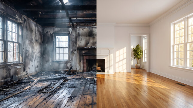 Contrast comparison showing devastated room destroyed by internal house fire versus completely renovated minimalist living space with wooden floor and bright light.
