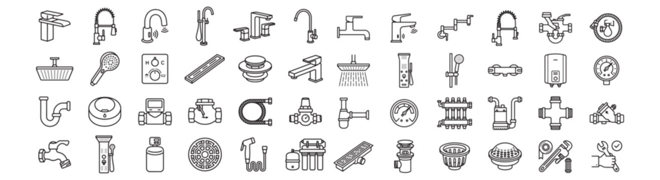 Plumbing Fixture and Pipe Icon Set Line Art &mdash; Faucets, Showers, Valves, Hoses, Drains, Water Meters