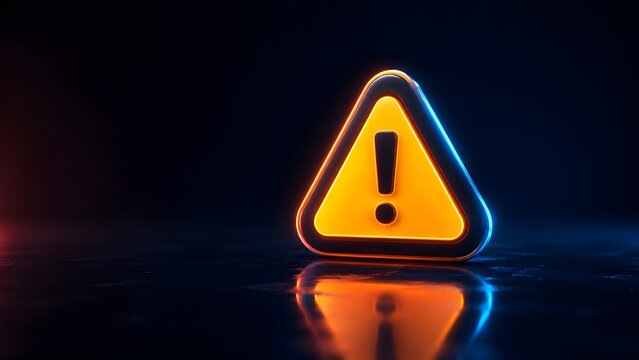 Glowing neon yellow warning triangle sign with exclamation mark on dark reflective background for cyber alerts