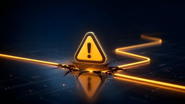 System breach and critical error concept with glowing warning sign emerging from illuminated crack in digital floor