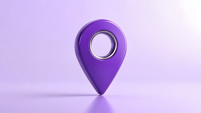 3D rendering of a glossy purple location pin map marker with metallic silver ring on a matching purple background