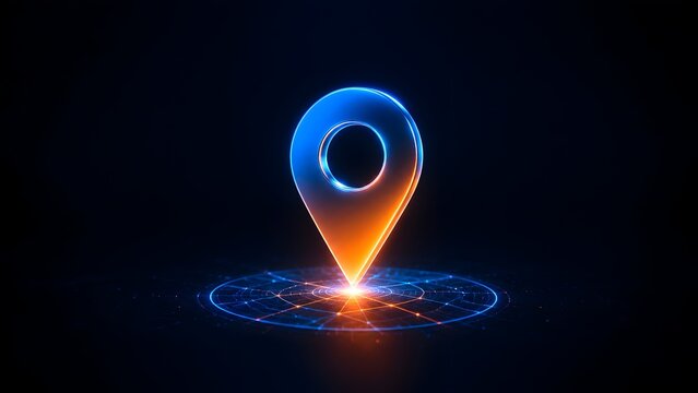 High tech glowing orange and blue neon location map pin marker on digital grid background for advanced tracking systems