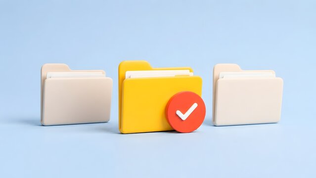 3D yellow file folder with red check mark standing out from beige folders on blue background for document approval concept