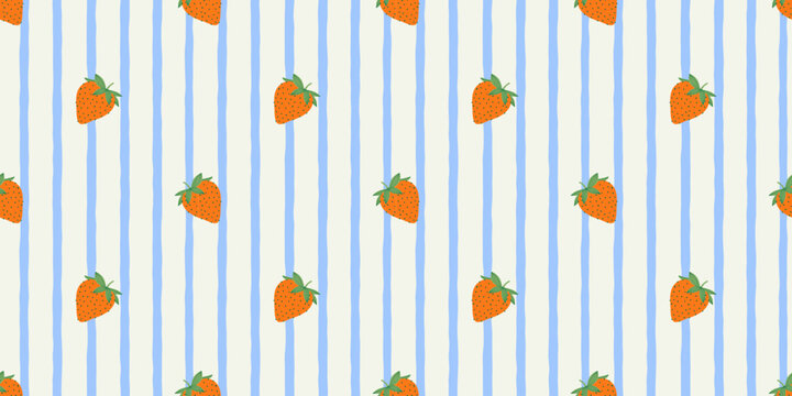 Striped strawberry seamless pattern. Healthy food picnic surface illustration. Hand drawn fruit restaurant ingredient design, cooking wallpaper print.