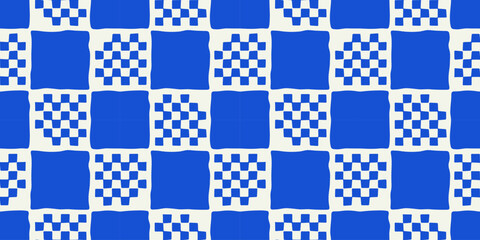 Fototapeta na wymiar Blue geometric mosaic seamless pattern. Vintage square patchwork background illustration. Creative grid shape wallpaper print.