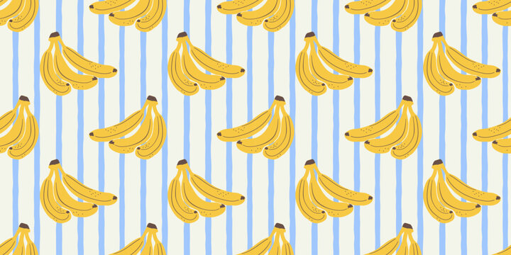 Striped banana seamless pattern. Healthy food picnic surface illustration. Hand drawn fruit restaurant ingredient design, cooking wallpaper print.