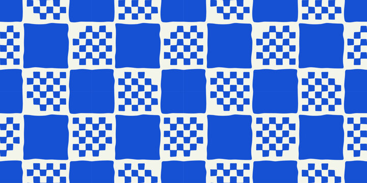 Blue geometric mosaic seamless pattern. Vintage square patchwork background illustration. Creative grid shape wallpaper print.