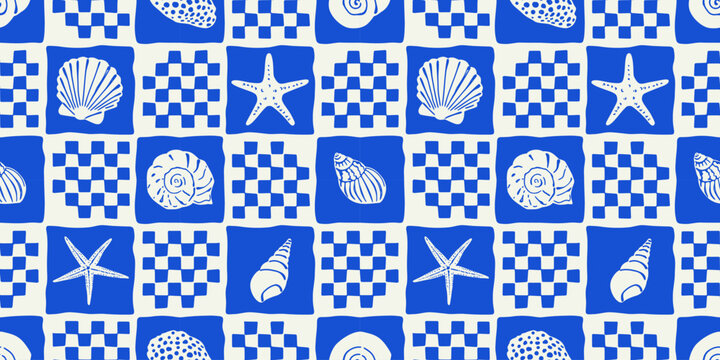 Retro hand drawn seashell mosaic seamless pattern. Tropical summer background illustration. Vintage marine nature print. Patchwork style shell animal wallpaper texture.