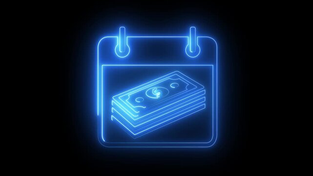 glowing neon Calendar with a stack of dollar bills icon. Business calendar with currency symbol representing tax deadlines, monthly budget planning, Payday schedule and financial deadline.