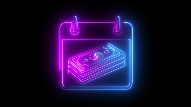 glowing neon Calendar with a stack of dollar bills icon. Business calendar with currency symbol representing tax deadlines, monthly budget planning, Payday schedule and financial deadline.