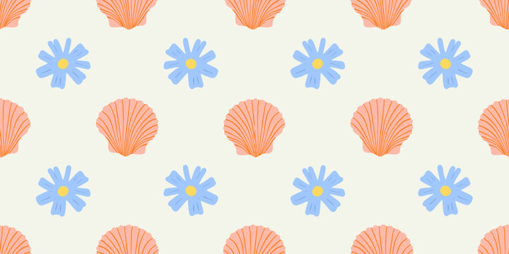 Tropical flower sea shell seamless pattern. Summer marine animal background design. Vacation travel concept. Ocean seashell flat cartoon backdrop illustration.