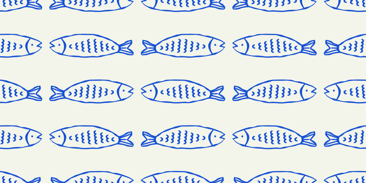 Blue fish animal seamless pattern. Summer background design. Vacation travel concept. Marine flat cartoon backdrop illustration.
