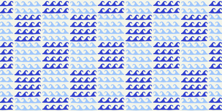 Abstract blue wave hand drawn seamless pattern. Beach water waves background design. Summer vacation surface print, sea travel wallpaper art.