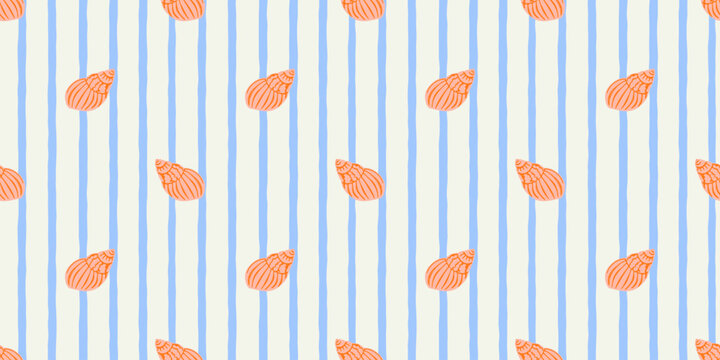 Tropical beach sea shell stripe seamless pattern. Summer marine animal background design. Vacation travel concept. Ocean seashell flat cartoon backdrop illustration.