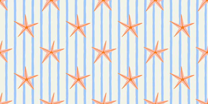 Tropical beach starfish seamless pattern. Summer marine animal background design. Vacation travel concept. Ocean star fishflat cartoon backdrop illustration.