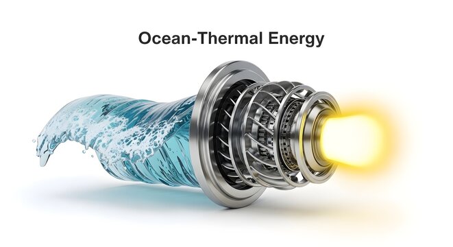 Ocean thermal energy concept. Renewable power turbine. Sustainable tech.