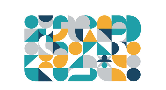 Abstract geometric pattern with colorful shapes: modern design background featuring circles, squares, and triangles in teal, orange, and grey.
