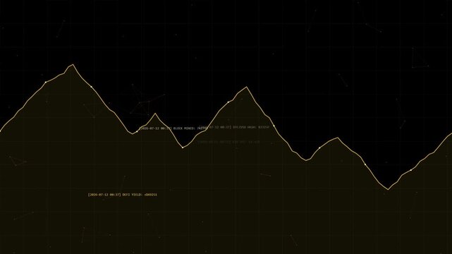 Cryptocurrency blockchain trading dashboard with gold trend graph and digital transaction data on black background