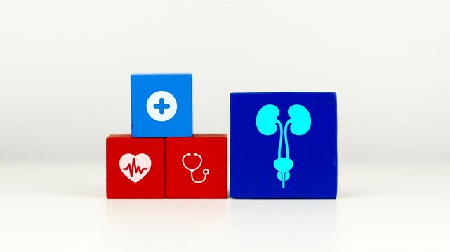The doctor's hand displays a bucket with the icon of the male urinary system. This raises awareness about the urinary tract and helps prevent bladder infections and urinary retention due to obstructio