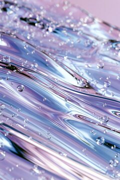 Abstract iridescent liquid surface with water droplets in pastel lavender and blue tones