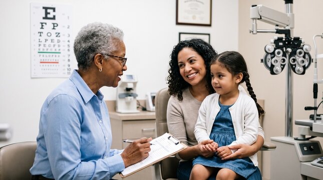 Professional optometrist consulting with mother and child, senior eye doctor examining young patient in clinic, pediatric ophthalmology checkup