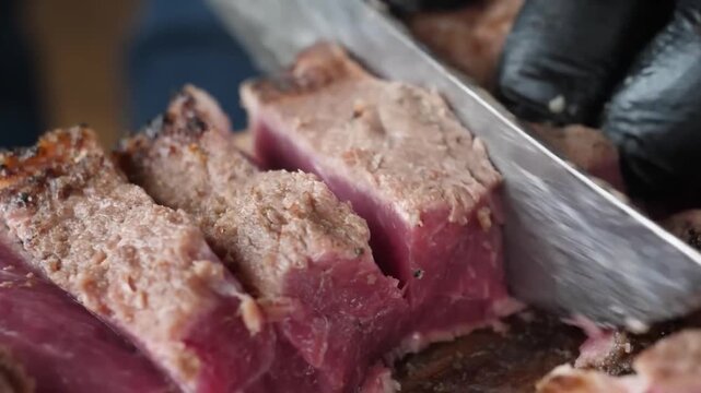 A professional chef wearing black gloves uses a sharp knife to slice through a perfectly grilled, succulent medium-rare beef steak with a rich brown crust. The interior shows a vibrant pink, juicy cen