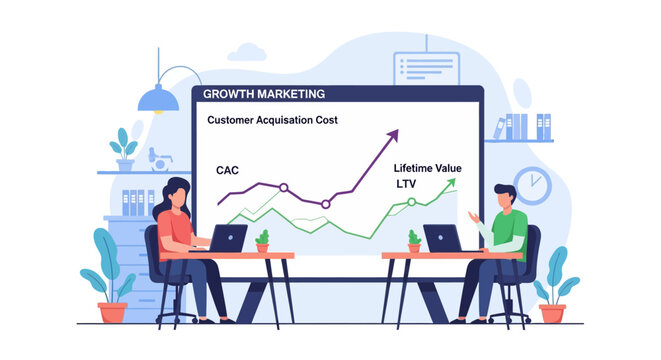 Business growth marketing strategy with customer acquisition cost and lifetime value analysis on a large screen