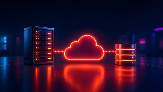 Red glowing neon cloud icon connecting a server rack to a database stack illustrating data migration or transfer