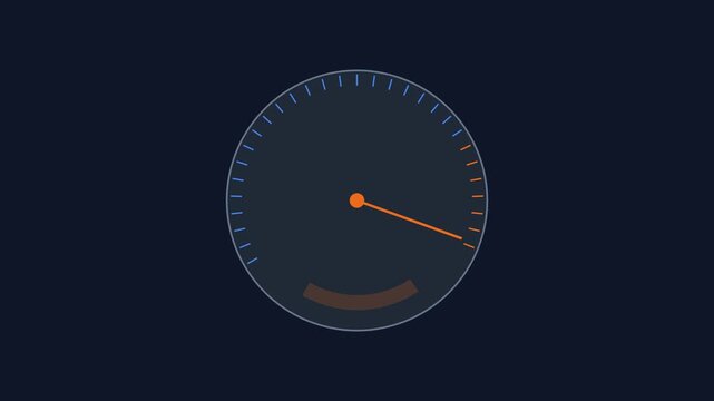Minimalist digital speedometer gauge animation with moving needle for performance monitoring and data dashboard interface 4k