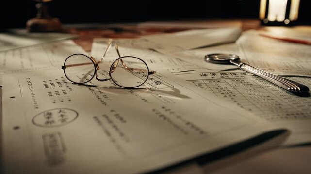 Round glasses beside paperwork on illuminated office desk