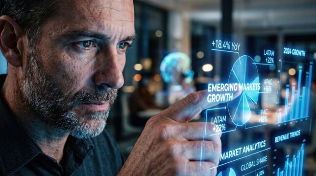 Businessman analyzes complex emerging market growth data projected on a glowing blue holographic interface within a dim professional office.