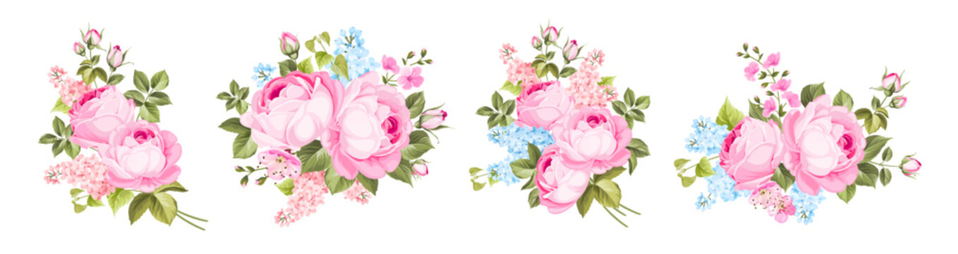 Vintage rose flowers bouquet isolated. Wedding flowers bundle. Flower
