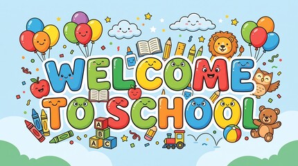 Fototapeta premium Decorative Welcome to School Typography with Cute Classroom Characters and Educational Elements