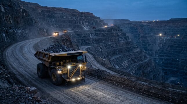 Mining Trucks Hauling Ore in Open Pit Mine at Dusk, Heavy Machinery, Industrial Excavation