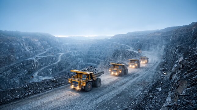 Mining Trucks Transporting Rock in Open Pit Mine at Dusk, Heavy Equipment and Quarry Industry