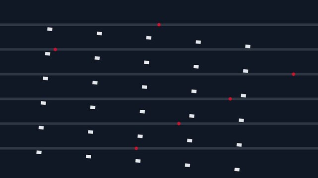 Abstract digital grid animation with moving red dots and 4k white rectangles on dark background motion