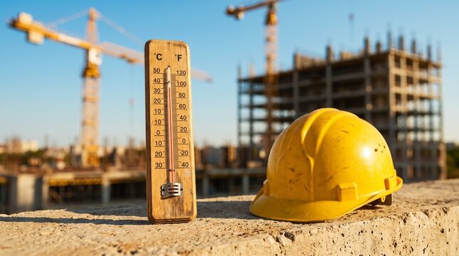 Construction Site Safety with Hard Hat and Thermometer, Extreme Heat Risk on Building Project