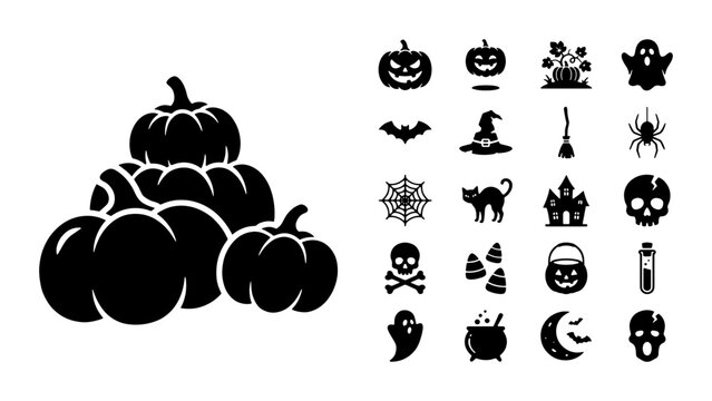 Halloween icon set with 20 black vector elements, spooky pumpkin patch and holiday symbols, flat silhouette icons for autumn party decor