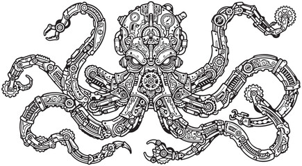 Steampunk octopus vector illustration with intricate mechanical gears and robotic tentacles for industrial fantasy and sci-fi design © Andikia