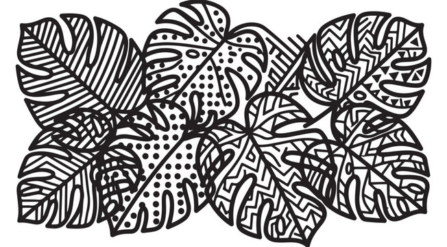 Monstera leaf cluster with geometric patterns and tribal textures black and white line art vector illustration for coloring book and botanical design
