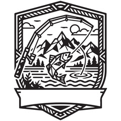 Naklejka premium Fishing emblem vector with jumping trout mountain landscape and blank ribbon for outdoor adventure branding and logo design