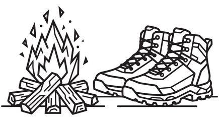 Hiking boots and campfire line art vector illustration for outdoor adventure camping and wilderness trekking themes © Andikia